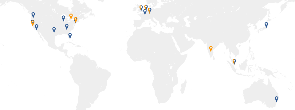 DigitalOcean and Vultr locations- DigitalOcean in orange, Vultr in blue